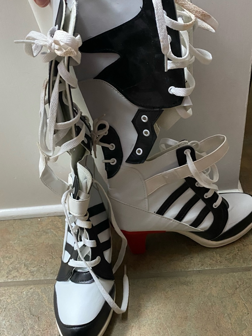 White and Black Lace-Up Women's Heeled Boots with Red Accent